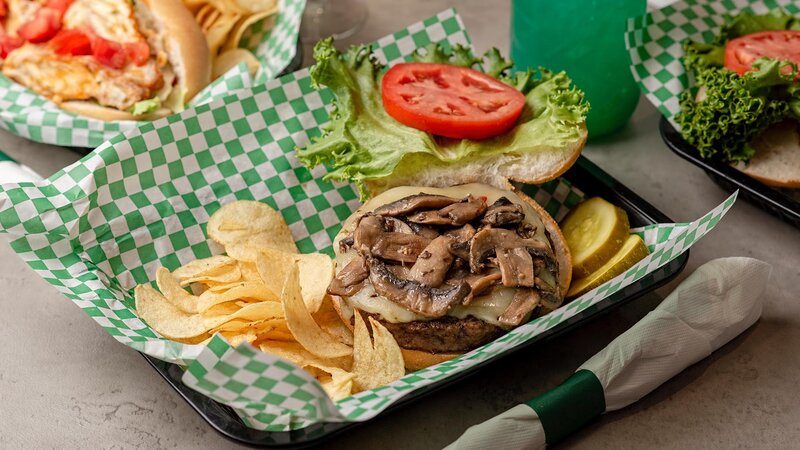 Pepper Jack Mushroom Burger with side of french fries