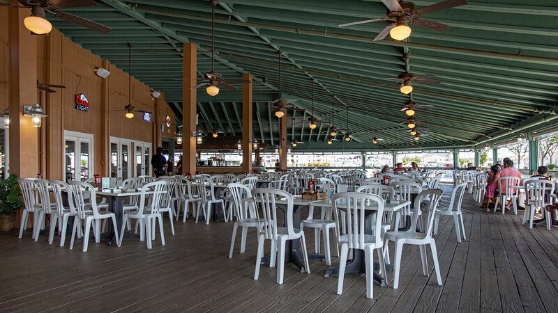 Outdoor patio dining area with many tables