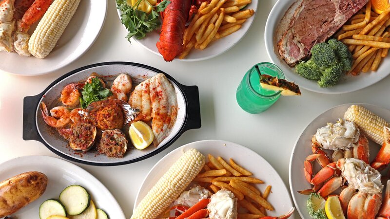 Top down view of many plated entrees